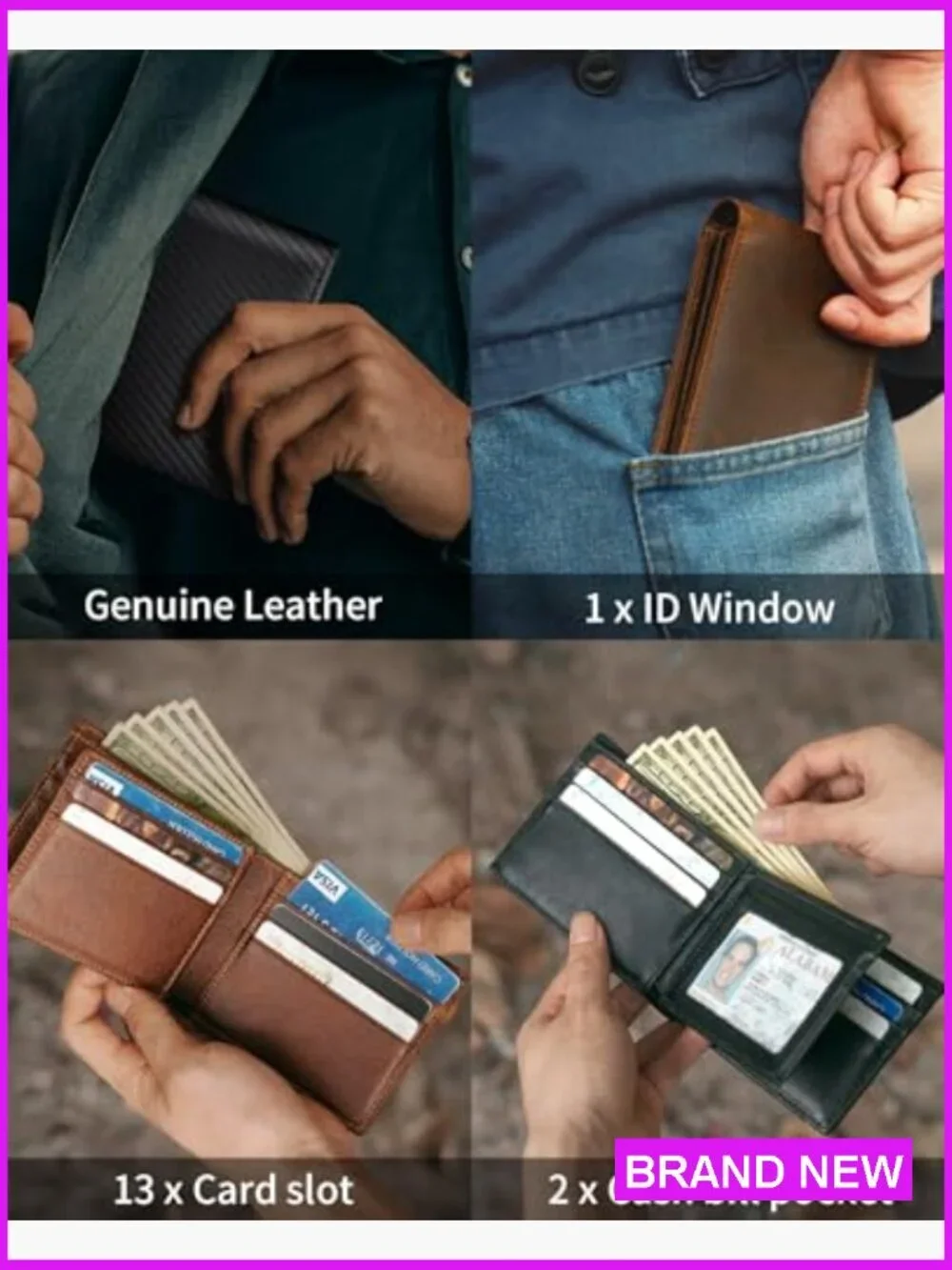 Genuine Leather Bifold RFID Blocking Wallet Men's Classic 13 Card Slots